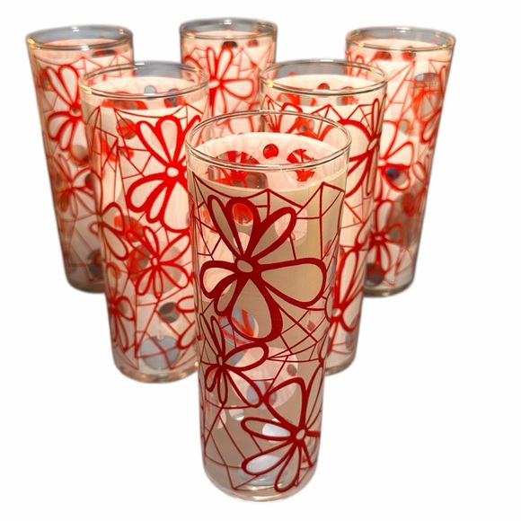 Dominion Other - Set of 6 Vintage Dominion 10 ounce Floral Red and White High Ball Glasses (EUC)